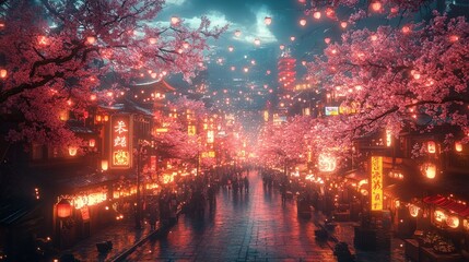 Obraz premium Night market, cherry blossoms, lanterns, Asian city.