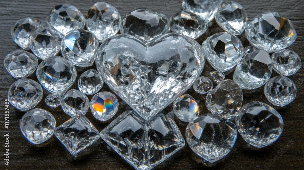 Poster sparkling crystals arranged in a heart shape create a dazzling decorative background perfect for cel