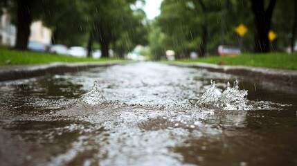 Fototapeta premium Urban Runoff in City Park During Rainy Day