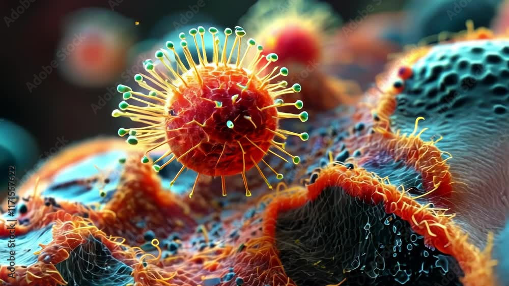 Poster detailed close up of viruses interacting with cells, showcasing vibrant colors and intricate structu