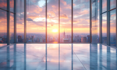 Fototapeta premium An empty-walled, modern meeting room offers a Panoramic city view, floor-to-ceiling windows, modern skyscraper interior, sunset skyline