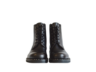 Pair of black leather boots standing upright on a clean white background, ideal for product display or catalog imagery.

