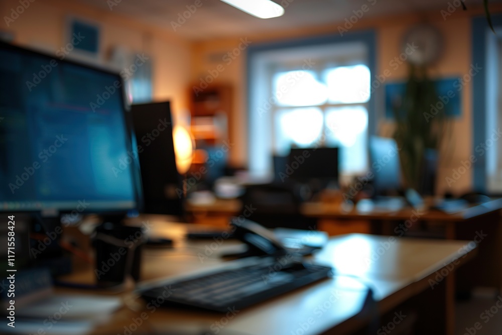 Aufkleber blurred office workspace with computers and desks. a productive atmosphere.