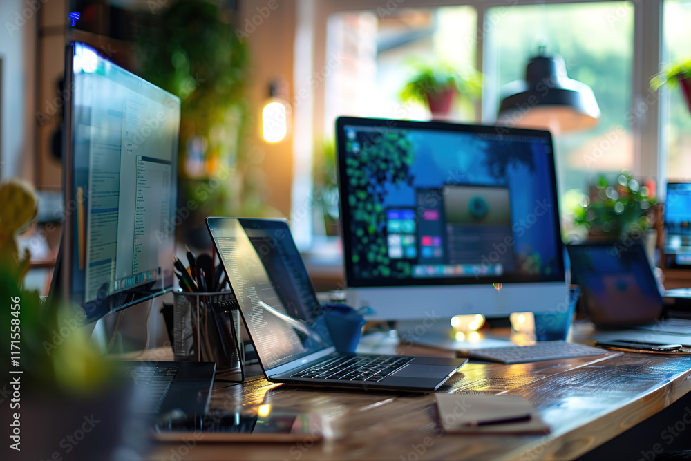 Poster modern workspace with multiple devices and plants.