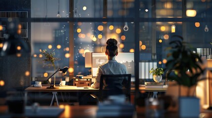 Woman working late at night in a modern office with city view.