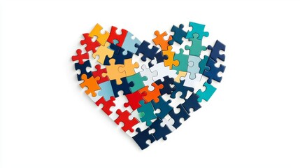 Colorful puzzle pieces arranged in a heart shape on white background.