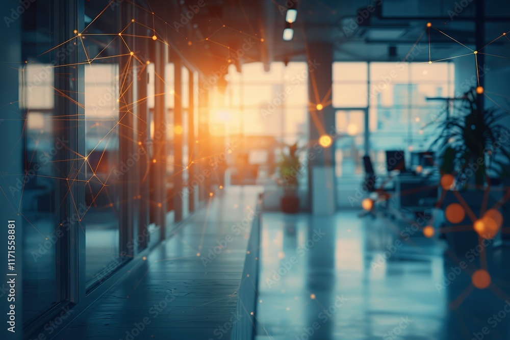 Poster modern office space with sunlight streaming through large windows. network connections visualized.