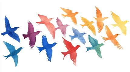 Colorful birds in flight, showcasing freedom and beauty.