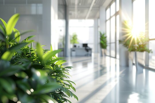 Sunlit modern office with lush greenery
