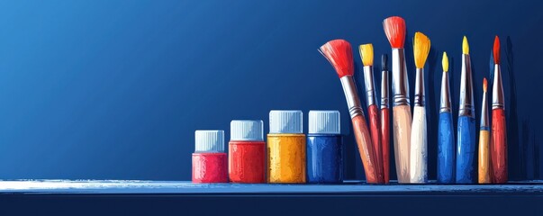 Obraz premium Vibrant paintbrushes and colorful paint jars on a shelf