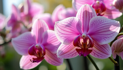 Close-up of vibrant pink orchids in bloom, showcasing delicate petals and intricate details