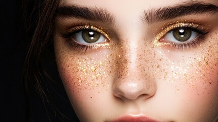 Fototapeta premium Close-up of a model's face adorned with shimmering gold glitter and soft makeup, perfect for beauty and cosmetic advertising, fashion magazines