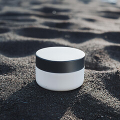 White cream jar on black sandy surface. Cosmetic product. Beauty and skin care concept.