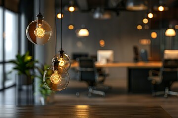 Glowing Edison bulbs hang over a blurred modern office space. Perfect for a stylish workspace theme.