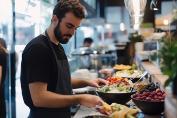Man preparing fresh salads in vibrant cafe kitchen