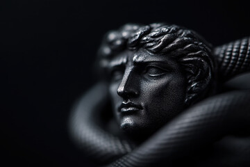 Enigmatic Sculpture of Mythical Head Entwined with a Serpent: A Timeless Masterpiece of Ancient Symbolism Captured in Dark Metallic Detail