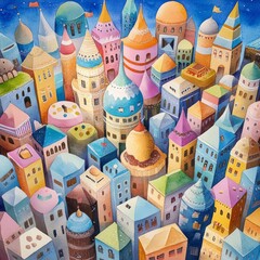 A vibrant illustration of colorful, whimsical cityscape.