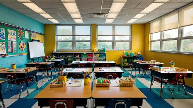 Bright classroom with empty desks full of supplies, fostering a learning environment for students and teachers