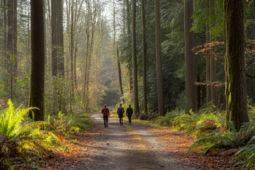 Obraz premium Three people walking on a forest path surrounded by tall trees and ferns. Concept of nature, tranquility, and outdoor activity. For promoting hiking.