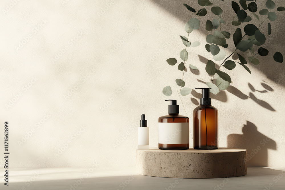 Poster elegant minimalist skincare display with eucalyptus: perfect for serenity and style