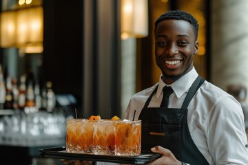 Smiling server carries tray of cocktails in a bar