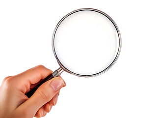 closeup hand holding magnifying glass isolated on transparent or white background, png cutout