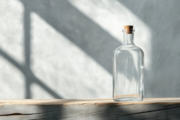 Elegant Clear Glass Bottle with Cork on a Minimal Wooden Shelf in Soft Sunlight: Perfect for Contemporary Interiors and Design Enthusiasts