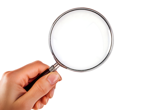 closeup hand holding magnifying glass isolated on transparent or white background, png cutout - Powered by Adobe