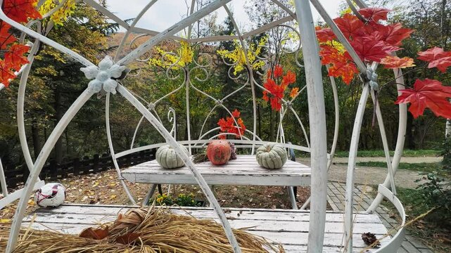 Ornamental pumpkin carriage with autumn foliage in a scenic woodland setting
