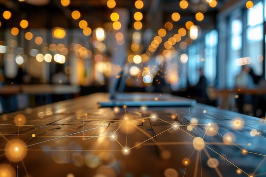 Laptop on wooden table in a cafe at night, network connections visualized. - Powered by Adobe