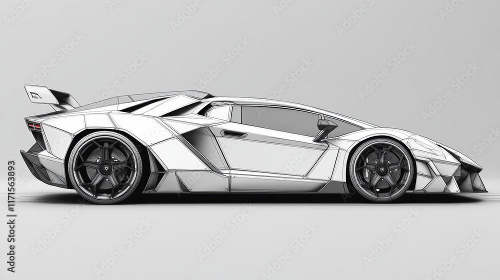 Poster geometric concept car design with sharp angles and technical blueprint details. ai-driven futuristic
