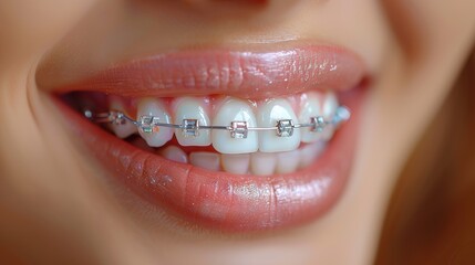 A woman with braces on her teeth is smiling