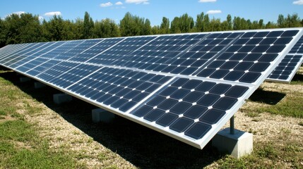 Bright Solar Panels in Field Under Clear Sky