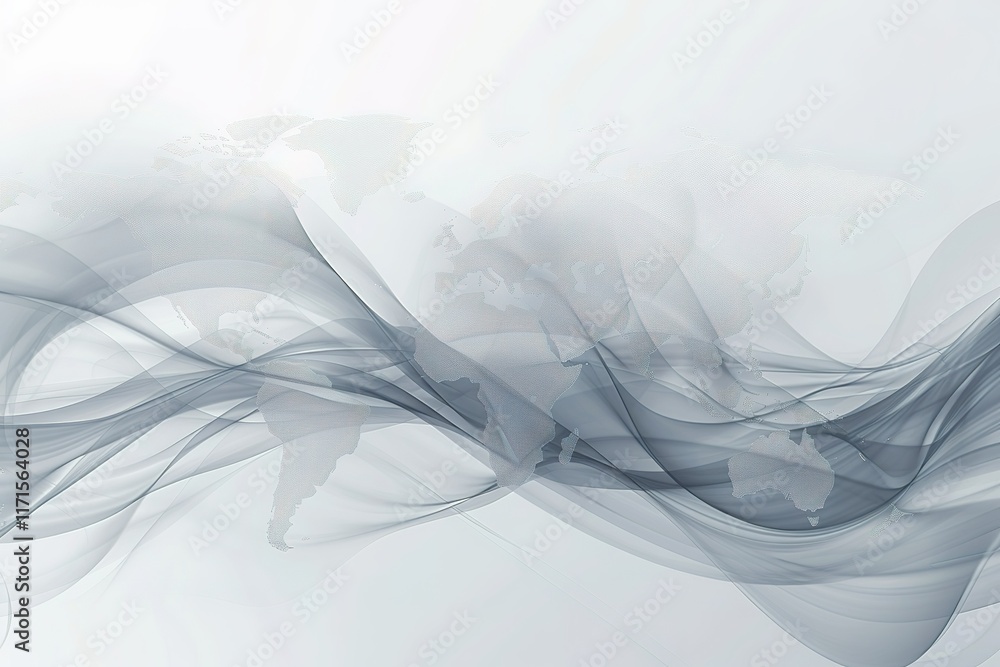 Poster abstract grayscale waves with world map overlay. global connection concept.