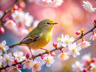 Tiny warbler, vibrant orange crown, perched on delicate plum blossoms; a miniature world.