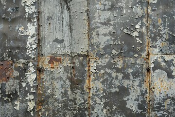Weathered metal texture with peeling paint and rust.