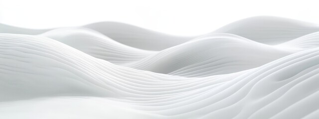 Abstract white waves, soft undulating surfaces, minimalist landscape, ethereal textures, smooth gradients, monochromatic design, gentle curves, snow-like terrain, peaceful atmosphere, serene environme