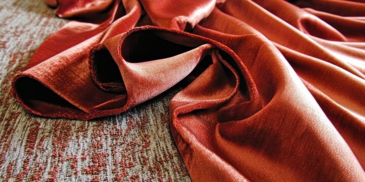 Close-up view of rich red velvet fabric showcasing delicate folds and heart shapes, with a blank upper section for text placement