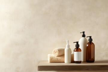 Elegant Skincare Display: Minimalist Aesthetic of Beauty and Wellness Products with Towel for Serene Pampering Experience