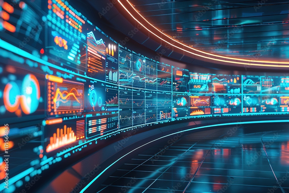Poster futuristic data center with glowing screens displaying graphs and charts.