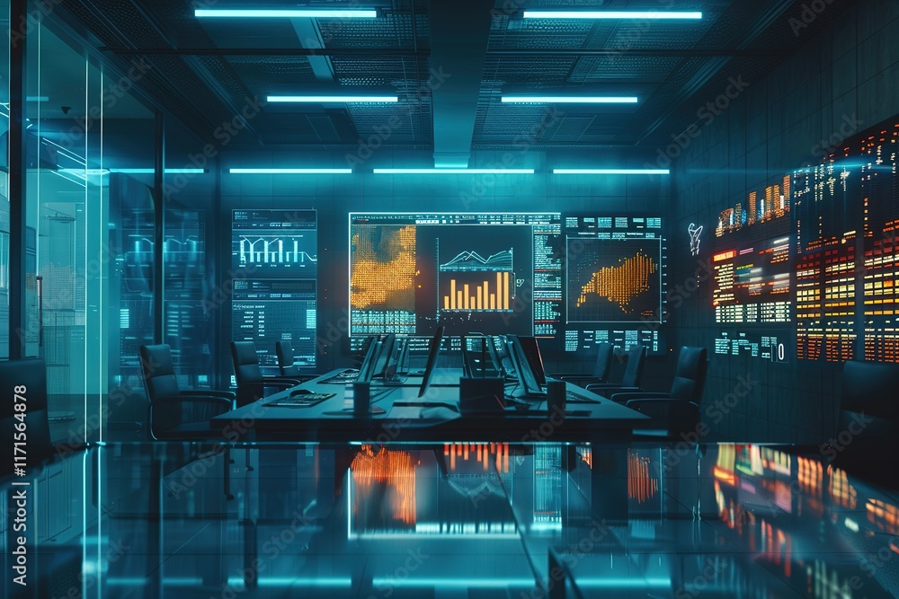 Poster futuristic control room with large screens displaying data graphs.