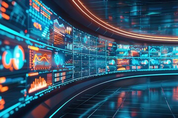 Futuristic data center with glowing screens displaying graphs and charts.