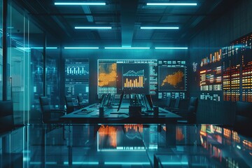 Futuristic control room with large screens displaying data graphs.