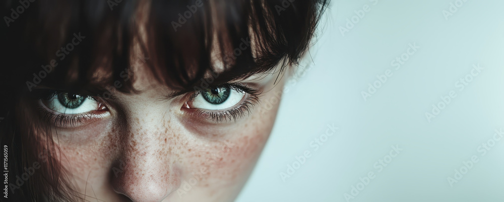 Poster captivating close-up of intense freckled gaze highlighting human emotion and expression in portrait 