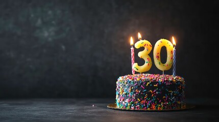 A birthday cake with lit candles that spell out the number 30, on a dark background with sprinkles. Concept of a 30th birthday.