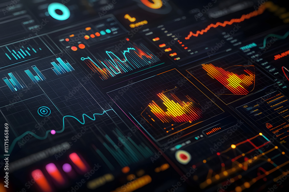 Poster perspective view on infographic chart with digital graphs, diagram and indicators on dark background