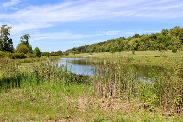The peaceful lake in the country on a sunny day.