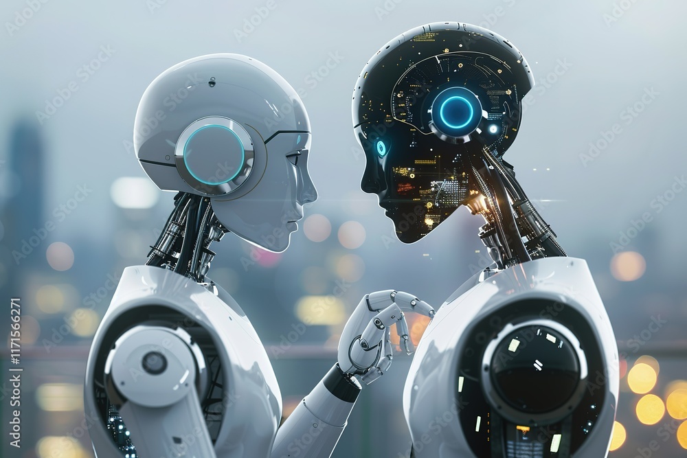 Poster two humanoid robots interact in a futuristic cityscape.
