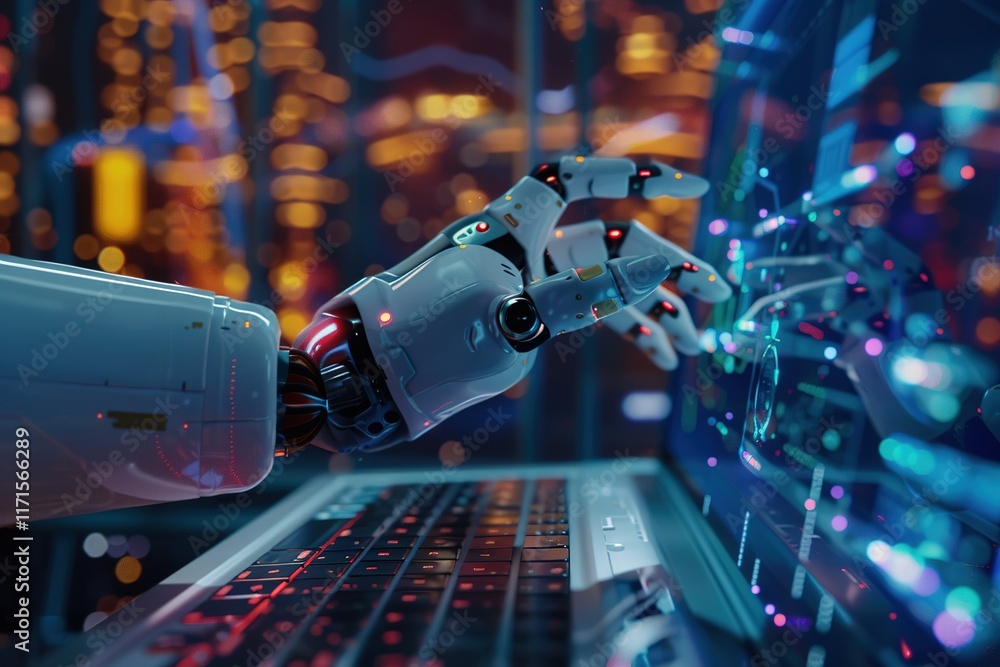 Aufkleber robotic hand interacts with a laptop screen displaying futuristic data.
