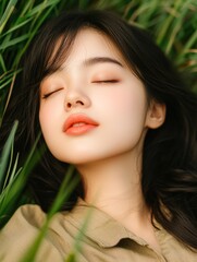 Naklejka premium A serene portrait of a young woman lying in lush green grass, eyes closed and serene, capturing tranquility and natural beauty, Ideal for wellness, beauty, or nature-themed projects,